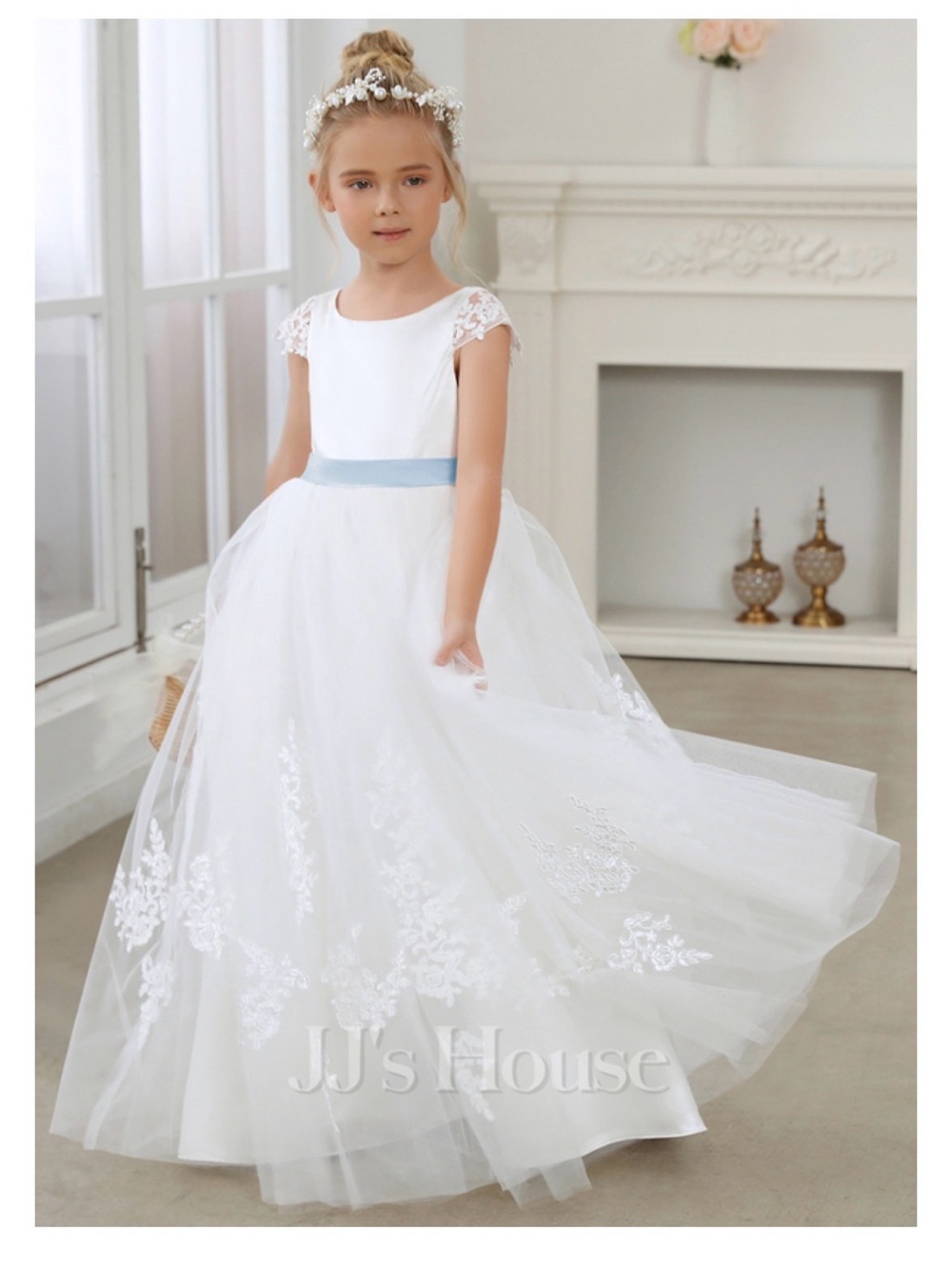 JJs House Flower Girl Gown with Light Blue Sash